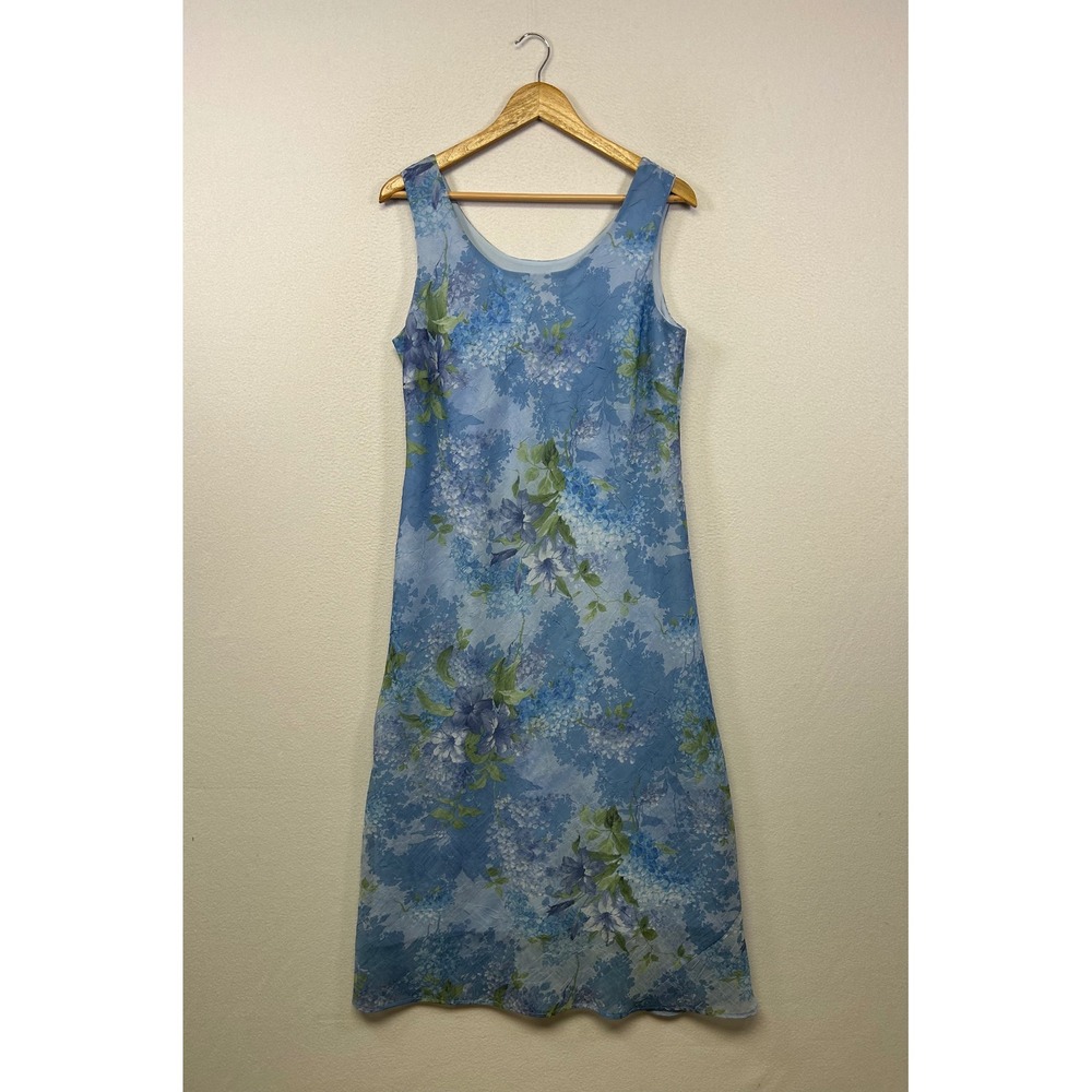 Cottagecore R&K Originals Womens 12 Blue Floral Crinkle Chiffon Midi Shift Dress